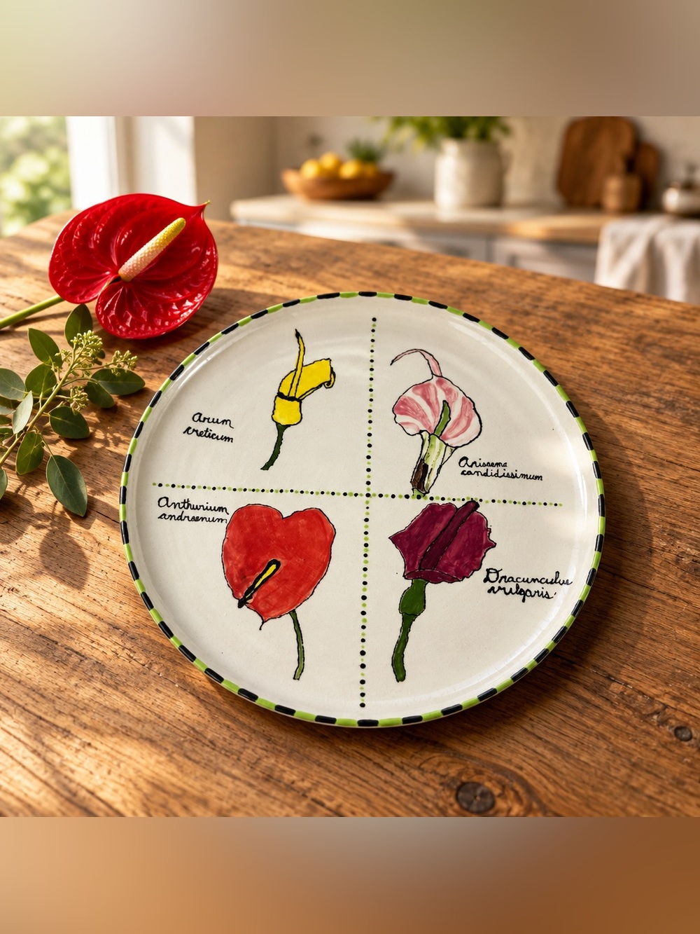 Vintage Hand-Painted Latin Botanical Floral Plate Signed Matt Mitchell 1997